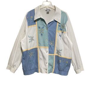 Alfred Dunner Button-Up Jacket Women Size 18 Blue White Floral Patchwork Pockets